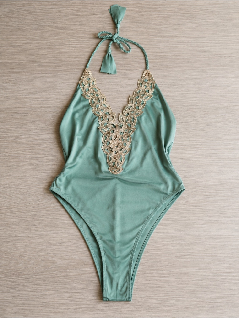 Blue Life Sage Green One-Piece Swimsuit with Beige Lace Trim